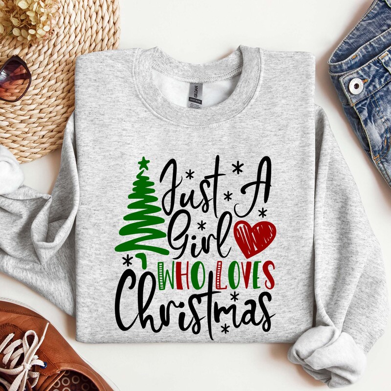 YourTees Just A Girl Who Loves Christmas Sweatshirt - Women's Holiday Graphic Pullover, Cozy Cotton Blend - View #6