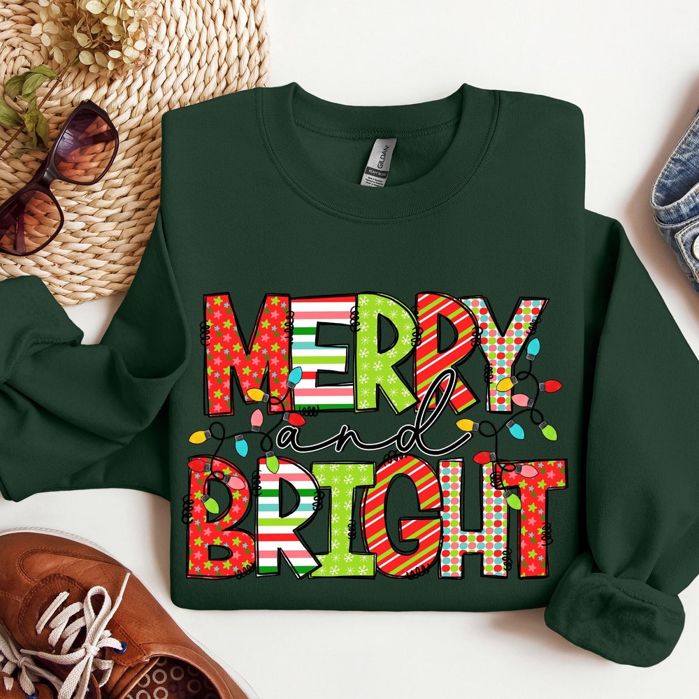 Merry And Bright Sweatshirt, Christmas Sweatshirts For Women, Christmas Holiday Sweatshirt For Women, Christmas Sweatshirt For Woman Iconictees