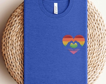 Embroidered Rainbow Heart Hands Shirt, LGBTQ+ Pride Tee, Love Is Love Embroidery Shirt, Minimalist Pride Apparel, Pride Month Sweatshirt