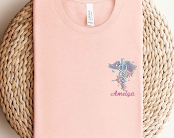Embroidered Personalized Nurse Shirt, Custom Name Medical Sweatshirt, RN CNA Gift, Caduceus Floral Embroidery Top, Nurse Appreciation Gift