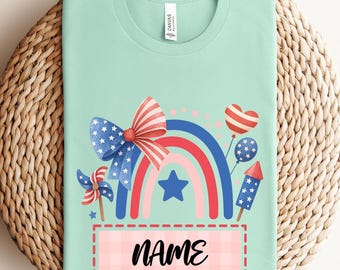 Personalized 4th of July Rainbow Shirt,Custom Name Patriotic Kids Tee,Red White Blue Bow T-Shirt,Independence Day Outfit,Girls July 4th Top