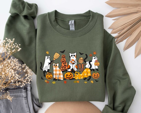 Halloween Sweatshirt,Cat Sweatshirt,Ghost Shirt,Halloween Sweater,Cool Halloween Cat Shirt,Cat Lover Tshirt, Black Cat Shirt,Spooky Season
