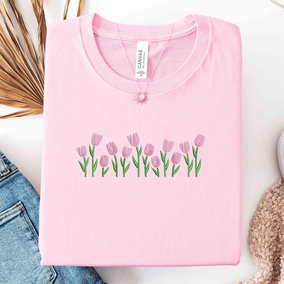 Embroidered Tulip Shirt, Floral Summer Tee, Spring Vibes T-Shirt, Flower Embroidery Top, Cottagecore Gift for Her, Flower Lover Sweatshirt