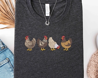 Embroidered Chicken Shirt, Farm Animal Tee, Hen T-Shirt, Country Farm Tee, Chicken Lover Gift, Cute Farmhouse Shirt, Rural Aesthetic Top