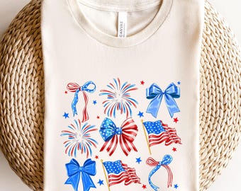 American Fireworks and Bows Shirt, Coquette 4th of July T-Shirt,Patriotic Sweatshirt, Cute Independence Day Tee, Women's Fourth of July Top