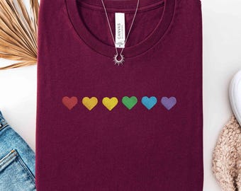 Embroidered Rainbow Hearts Shirt, Pride Heart Tee, LGBTQ+ Equality Support T-Shirt, Pride Month Top, Rainbow Embroidery, nclusive Pride Gift