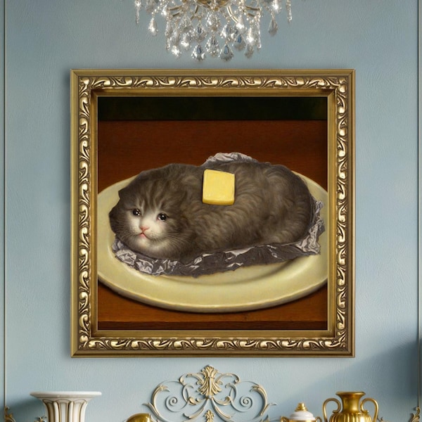 Weinende traurige Kartoffelkatze Kunstdruck | Skurriler Kartoffelfettkatze-Renaissance-Malstil | Humor Meme Wand kunstdruck | Einzigartiges Geschenk für Katzenliebhaber