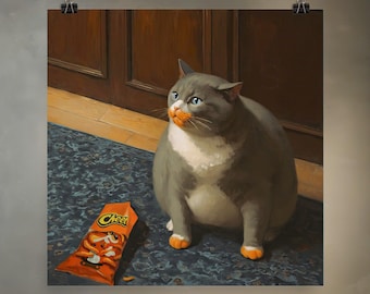 Fat Cat Eats Cheetos and Experiences Existential Dread | Meme Art Re-imagined in Renaissance Painting Style on Premium Matte Paper