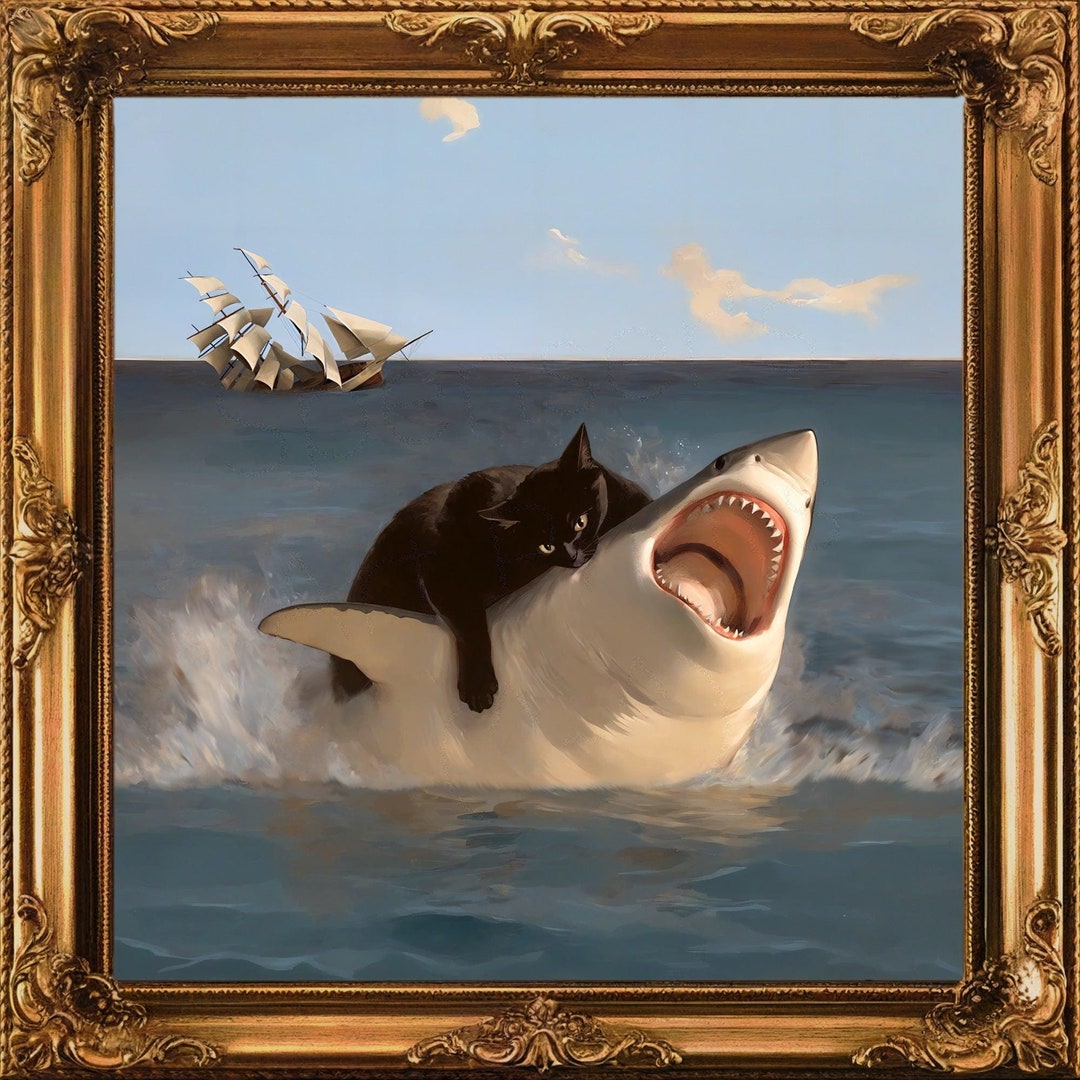 Funny Fat Cat Vs. Shark Poster Renaissance Canvas Wall Art Quirky Black Cat Animal Oil Painting Prints 12x16 Inch Framed Fun Nautical Picture For Living Room Bedroom