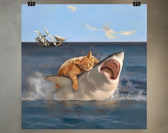 Fat Cat vs. Shark 2: Revenge of the Orange Cat | Meme Art Print Re-imagined in Renaissance Painting Style on Heavyweight Matte Paper
