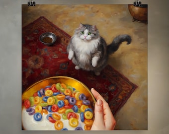 May include: A fluffy gray and white cat with green eyes looks up at a bowl of colorful cereal with milk. The bowl is held by a hand, and the cat is standing on a red and gold patterned rug.