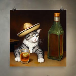 Tequila Cat / Meme Art rivisitato in stile rinascimentale su carta opaca di alta qualità