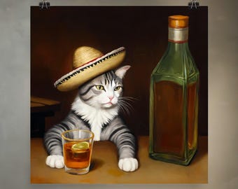 Tequila Cat | Meme Art Re-imagined in Renaissance Painting Style on Premium Matte Paper