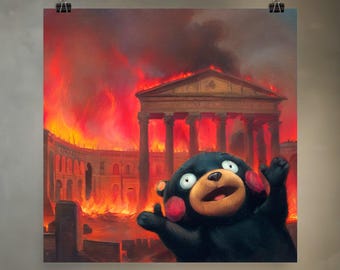 Kumamoto Bear Celebrates Bonfire | Meme Art Re-imagined in Renaissance Painting Style on Premium Matte Paper