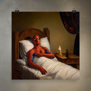 Spider-Man a letto / Meme Art rivisitato in stile rinascimentale su carta opaca di alta qualità