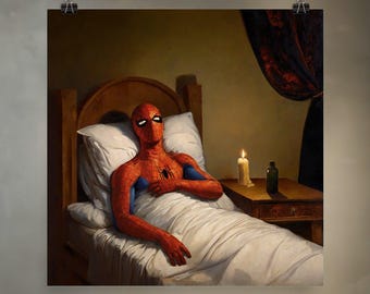 Spider-Man in Bed | Meme Art Re-imagined in Renaissance Painting Style on Premium Matte Paper