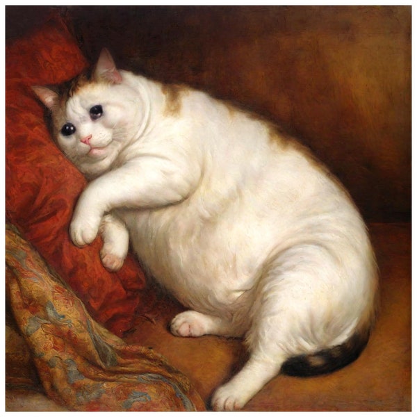 Crying Sad Cat Art Print | Quirky Fat Cat in Renaissance Painting Style | Humorous Meme Wall Art Print | Unique Art & Cat Lover Gift