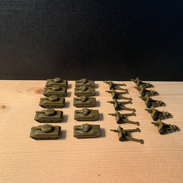 20 Painted Axis and Allies Game Pieces.  10 English Tanks.  5 Sherman Tanks and 5 Matilda MkII Tanks.  10 English Artillery