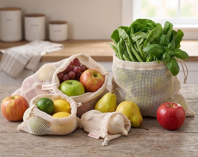 Reusable Produce Bags - Zero Waste Farmers Market Bag Set - Cotton Grocery Sacks - One Size