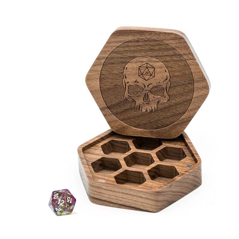 Dnd Dice Storage Box With Tray D20 Skull, Hexagon Walnut Wooden Holder