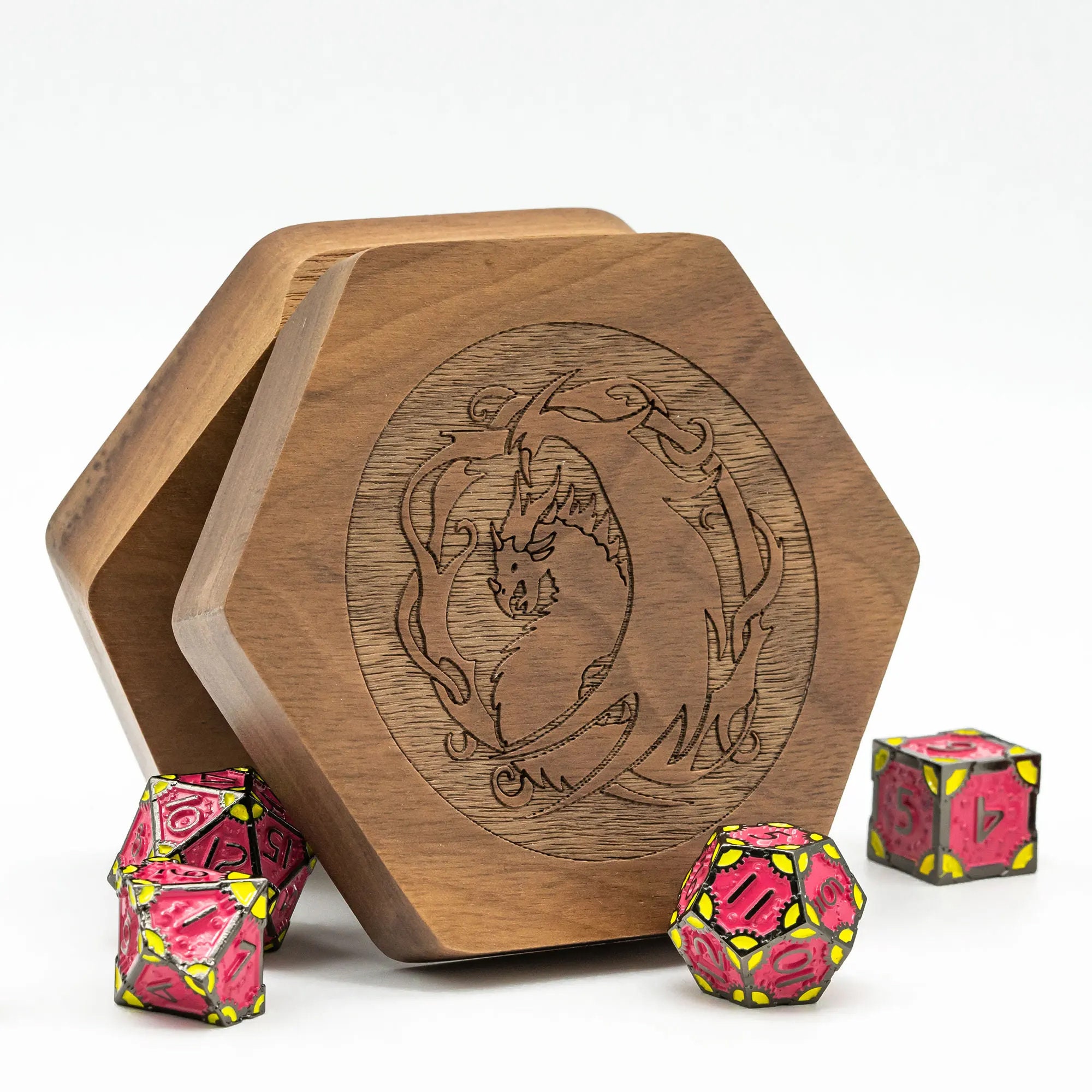 Wooden DND Dice Set Dice Box With Magnetic Lid For Storage 7 Dice