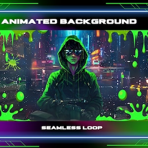 May include: Animated background with a green, neon glow. A person wearing a green hoodie and sunglasses stands in front of a city skyline. The text "ANIMATED BACKGROUND" and "SEAMLESS LOOP" is displayed.