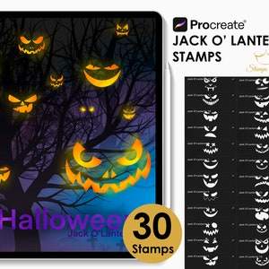 Op de afbeelding: Een digitale illustratie van een tabletscherm met een Halloween-thema met pompoengezichten. De tekst "Halloween" is in paars en de tekst "Jack O'Lantern" is in wit weergegeven. Het tabletscherm is omgeven door een witte rand. De tekst "30 Stamps" is weergegeven in een gouden cirkel.