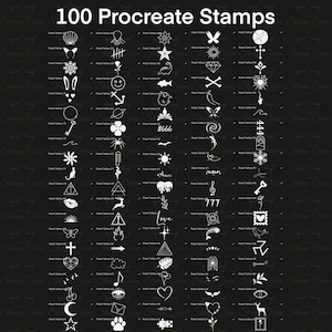 Może przedstawiać: Produkt cyfrowy z 100 białymi stemplami Procreate na czarnym tle. Znaczki zawierają różne wzory, takie jak gwiazdy, serca, kwiaty i kształty geometryczne. U góry widnieje napis "100 Procreate Stamps".