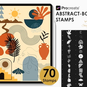Può includere: 70 timbri Procreate con design boho astratti. I timbri includono forme geometriche, foglie, fiori e altri elementi organici in bianco e nero. L'immagine mostra un'illustrazione digitale del viso di una donna, un vaso e un sole.