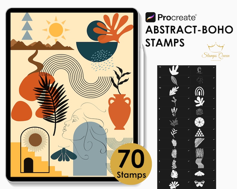 May include: 70 Procreate stamps featuring abstract boho designs. The stamps include geometric shapes, leaves, flowers, and other organic elements in black and white. The image shows a digital illustration of a woman's face, a vase, and a sun.