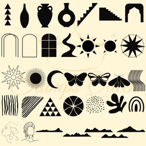 May include: A collection of black and white illustrations featuring various shapes, symbols, and designs. The illustrations include geometric shapes, animals, plants, and abstract patterns.