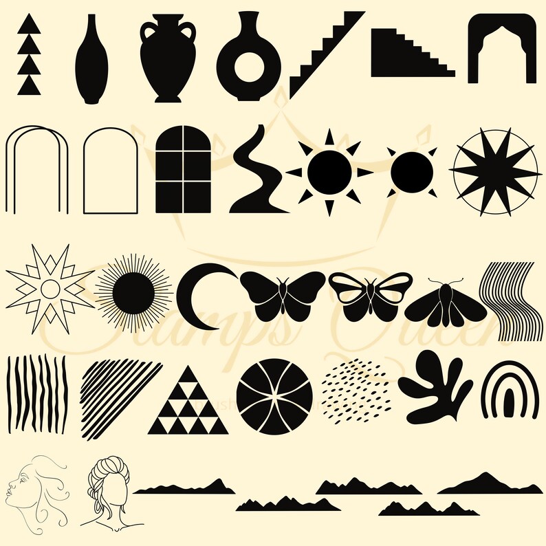 May include: A collection of black and white illustrations featuring various shapes, symbols, and designs. The illustrations include geometric shapes, animals, plants, and abstract patterns.
