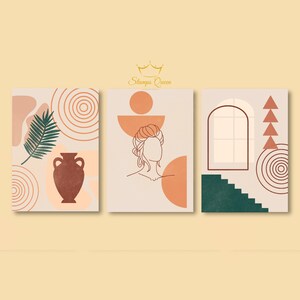 May include: Three abstract art prints with geometric shapes and line drawings in shades of brown, beige, and green. The prints feature a vase, a woman's profile, and a window with steps.