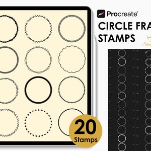 Può includere: Un'illustrazione digitale di 20 diversi timbri di cornice circolare da utilizzare in Procreate. I timbri sono in bianco e nero e presentano una varietà di design, tra cui motivi geometrici, floreali e astratti. L'immagine include anche il testo "Circle Frame Stamps" e "20 Stamps".