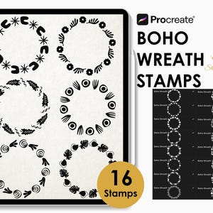 May include: A digital art set featuring 16 Boho Wreath Stamps for Procreate. The stamps are displayed on a tablet screen, showcasing various black and white wreath designs. The set includes floral, leaf, and abstract patterns.