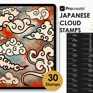 May include: A digital art set featuring Japanese cloud stamps. The image shows a tablet displaying various cloud designs in cream and black, set against a watercolor background of red, orange, and blue. The text reads "JAPANESE CLOUD STAMPS" and "30 Stamps".