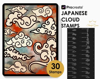 May include: A digital illustration set featuring 30 Japanese cloud stamps for Procreate. The display shows various cream-colored, swirling cloud shapes with dark outlines against a mottled red, blue, and gray background. Text reads: Procreate, JAPANESE CLOUD STAMPS, 30 Stamps, and a list of 30 individual cloud icons.