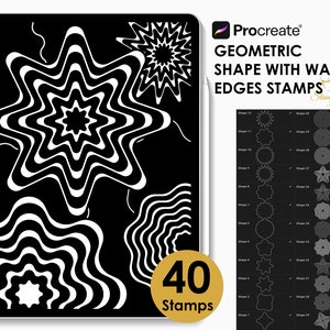 Könnte beinhalten: Ein Satz mit 40 Procreate-Stempeln mit geometrischen Formen mit wellenförmigen Kanten. Die Stempel sind schwarzweiß und in einem Raster angeordnet. Der Text "Geometric Shape with Wavy Edges Stamps" befindet sich oben im Bild.