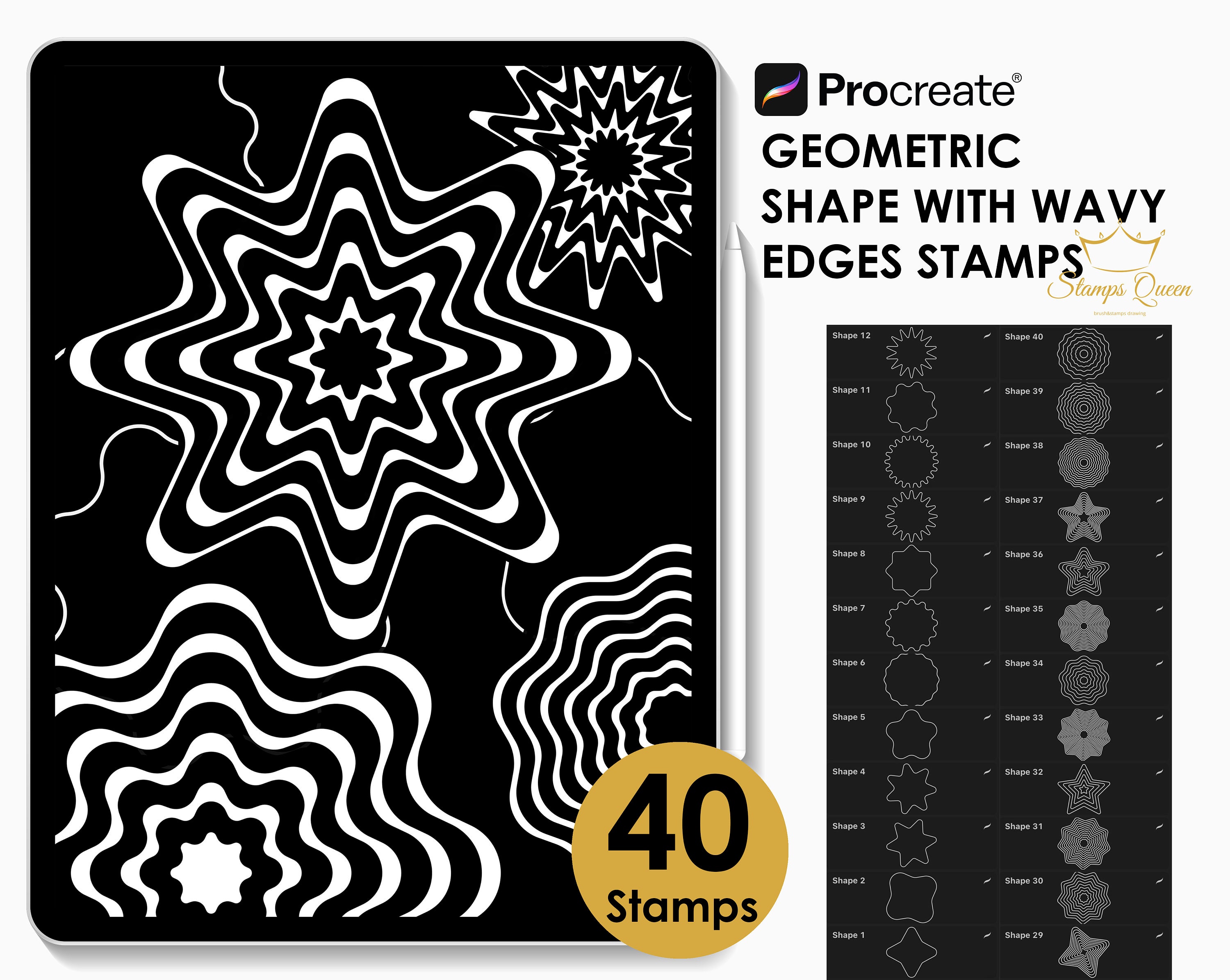 Formas geométricas de borde ondulado Set de sellos para Procreate | Pack de pinceles de formas abstractas