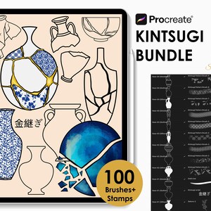 May include: A digital Procreate Kintsugi bundle featuring 100 brushes and stamps. The display shows various line-art vases, some with blue floral patterns and gold crack details, alongside a menu list of brush patterns and the text Kintsugi Bundle.