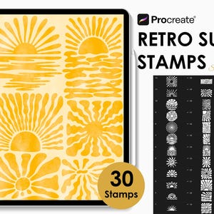 May include: A digital art display on a tablet shows a collection of retro sun stamps. The stamps are in various styles and designs, with a warm yellow color palette. The text "Retro Sun Stamps" is displayed.