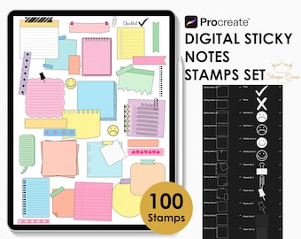 May include: A set of 100 digital sticky note stamps for Procreate. The stamps are in various colors and shapes, including squares, rectangles, circles, and speech bubbles. The stamps feature different designs, such as lines, dots, and hearts. The stamps are perfect for adding a touch of personality to your digital notes.