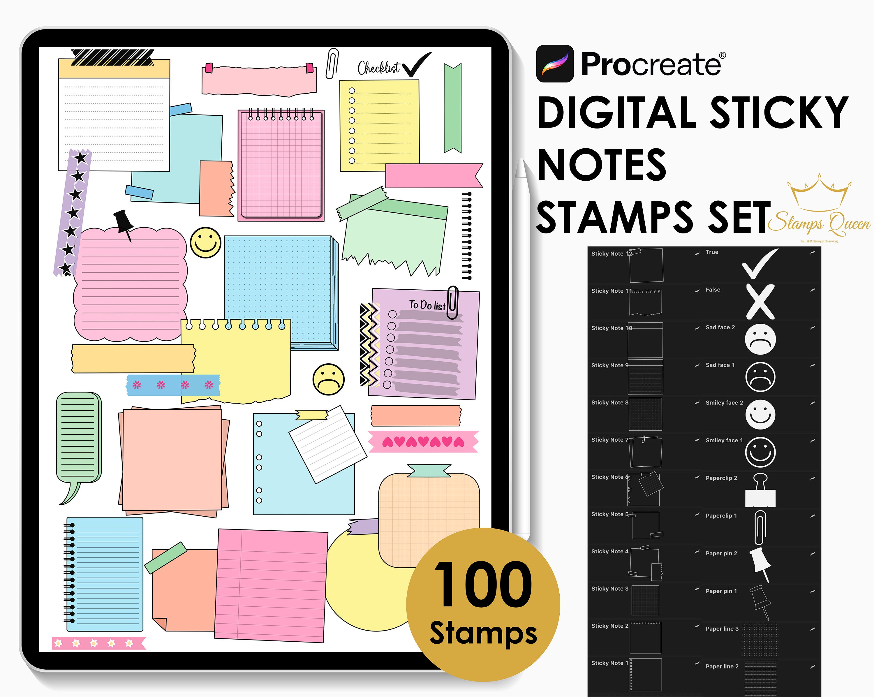 Pack de sellos para Procreate: 100 tarjetas de notas digitales y stickers para planners en iPad
