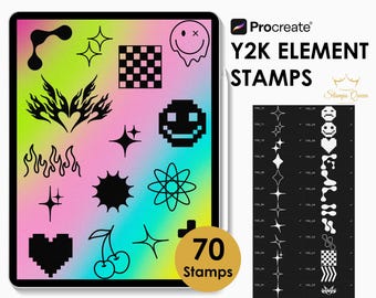 May include: A digital stamp set for Procreate featuring 70 black graphic elements on a gradient background. Designs include stars, flames, a checkerboard, a pixelated heart, a smiley face, cherries, and an atom symbol. Text reads Y2K ELEMENT STAMPS.