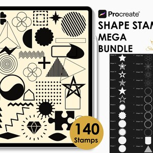 May include: A digital illustration of 140 geometric shapes, including stars, circles, squares, and triangles. The shapes are black and white and are arranged in a grid pattern. The text "Procreate Shape Stamps Mega Bundle" is displayed at the top of the image. The text "140 Stamps" is displayed at the bottom of the image.