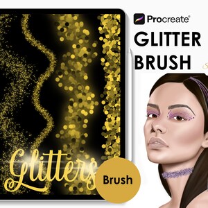 May include: A digital illustration of a woman with glitter makeup on her eyelids. The image is used to promote a Procreate glitter brush. The text "Glitter Brush" is displayed in large, bold letters. The text "Glitters" is displayed in a stylized font.