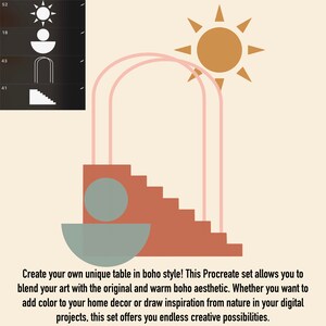 May include: A digital illustration of a boho-style table with a sun, arches, and a staircase. The table is made of brown, pink, and green geometric shapes. The illustration is in a warm color palette.