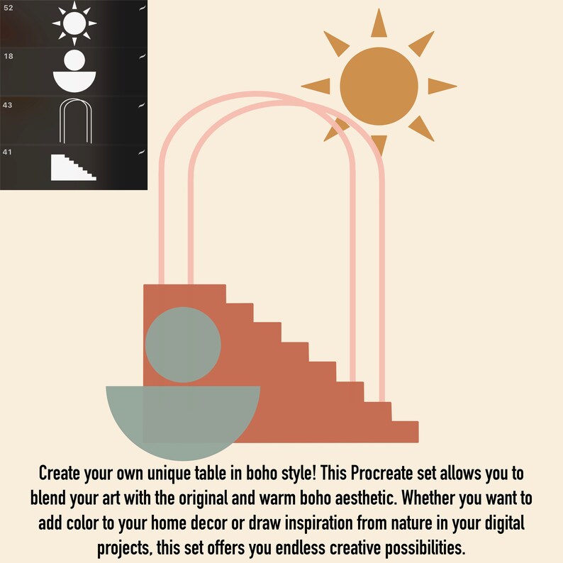 May include: A digital illustration of a boho-style table with a sun, arches, and a staircase. The table is made of brown, pink, and green geometric shapes. The illustration is in a warm color palette.