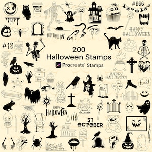 Halloween Procreate Stamps, 200 Spooky Digital Brushes & Tattoo Designs for Procreate Art, Procreate brush set, Procreate Templates