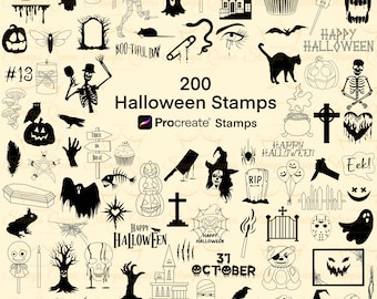 May include: A set of 200 black and white Halloween themed stamps for use with the Procreate app. The stamps include images of pumpkins, ghosts, bats, witches, skeletons, and more.